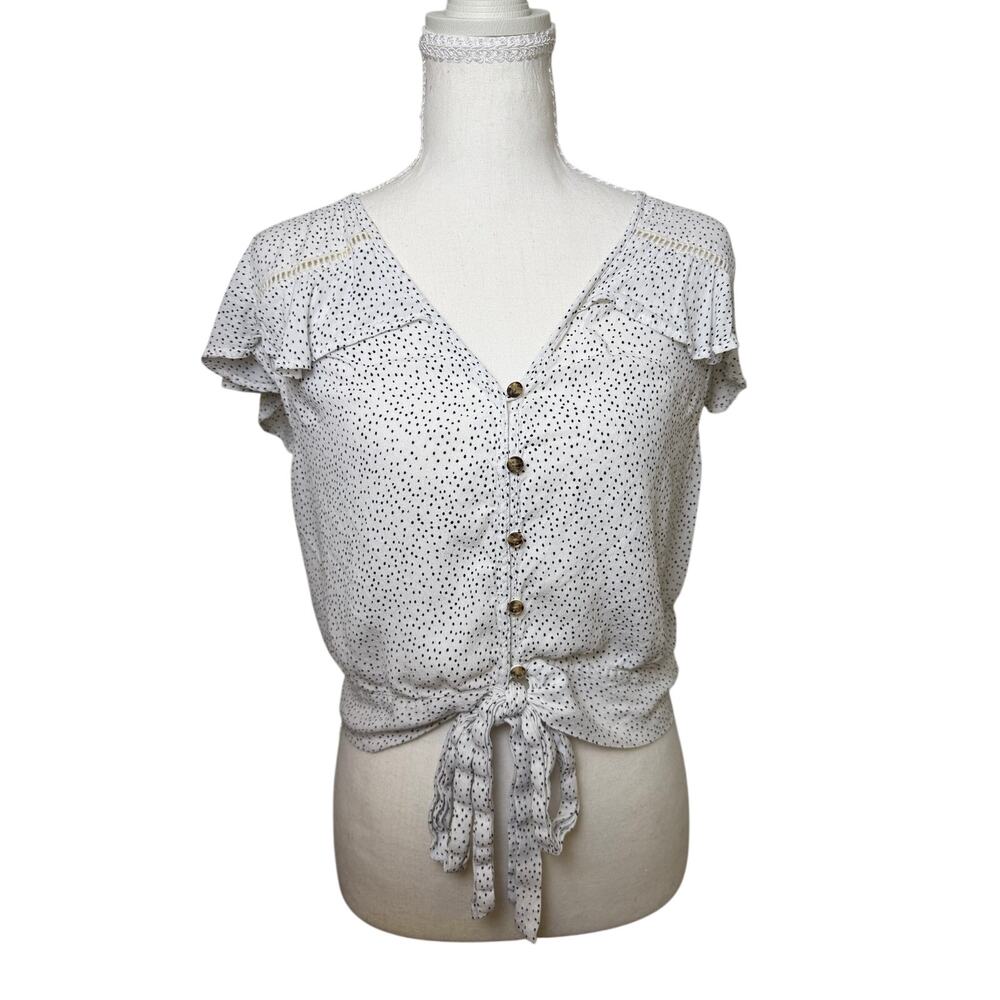 Express White Black Dot Ruffle Sleeve Tie Front Blouse Button Down